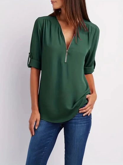 Women's ruched half zip casual blouse with rollable sleeves in various colours