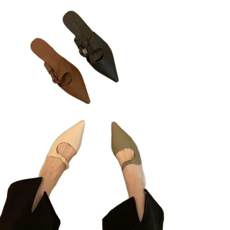 Women's soft leather slippers with semi-toe box design in four colour options
