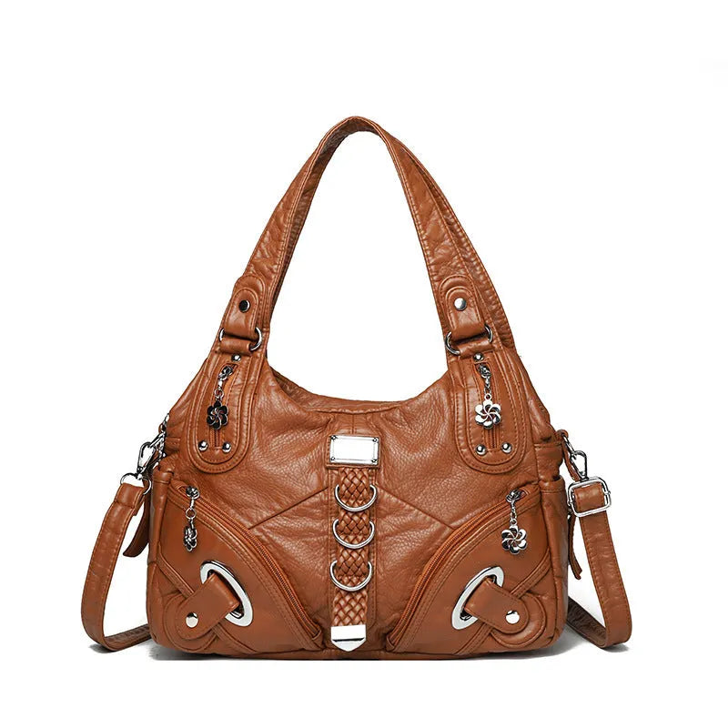 Women's large capacity washed leather handbag in soft PU, black colour, with slit pocket and sewn thread detailing