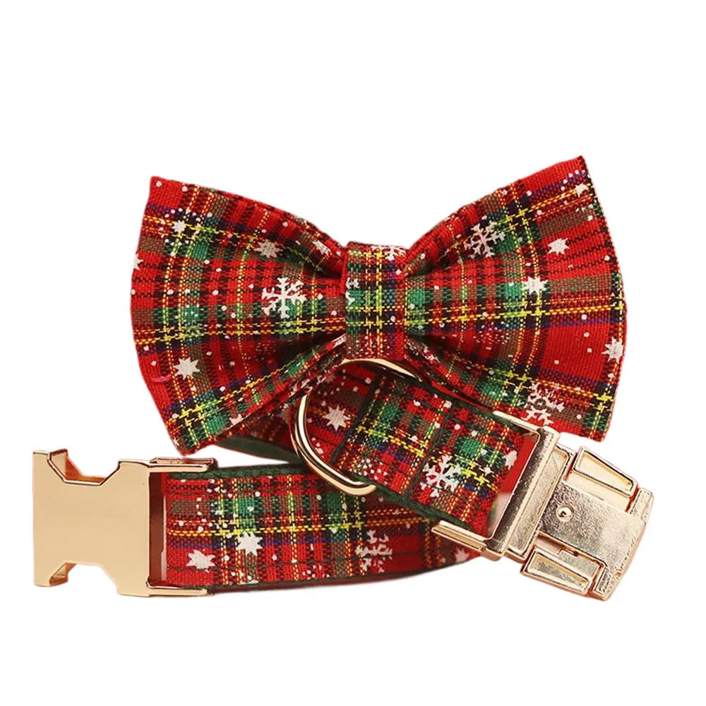 Green snowflake Christmas dog collar set with matching leash, bow tie, and dog vest for holiday pet outfits