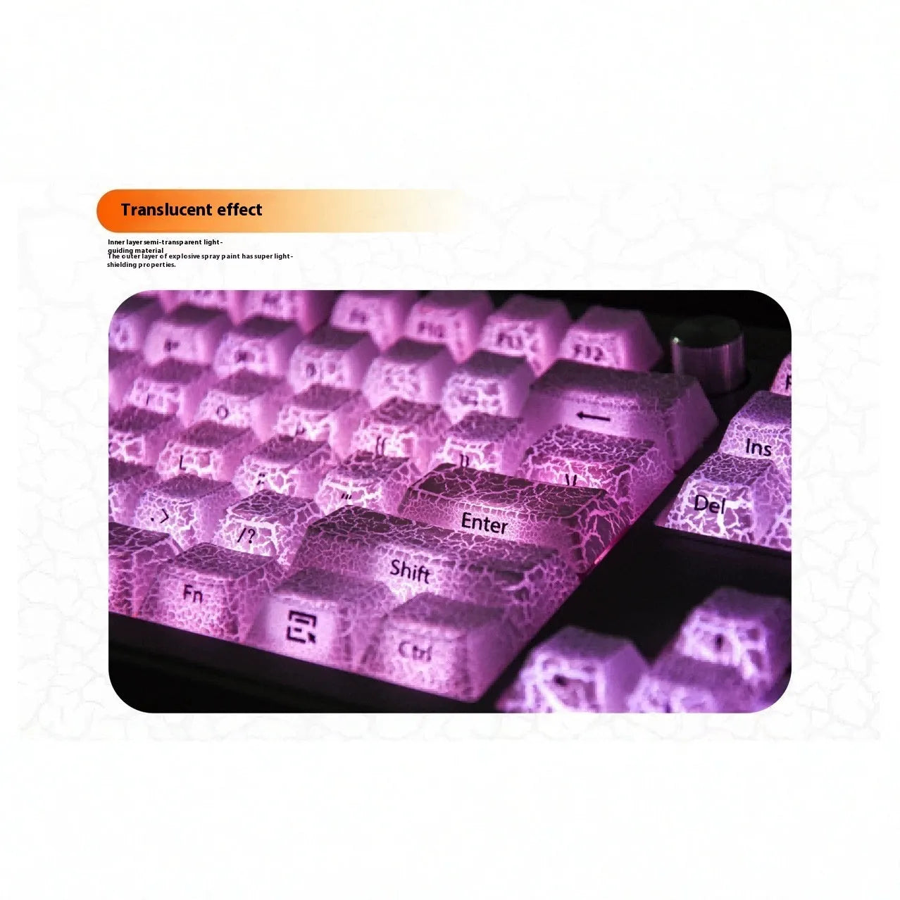 White fission side carving transparent PC replacement keycap for mechanical keyboards.