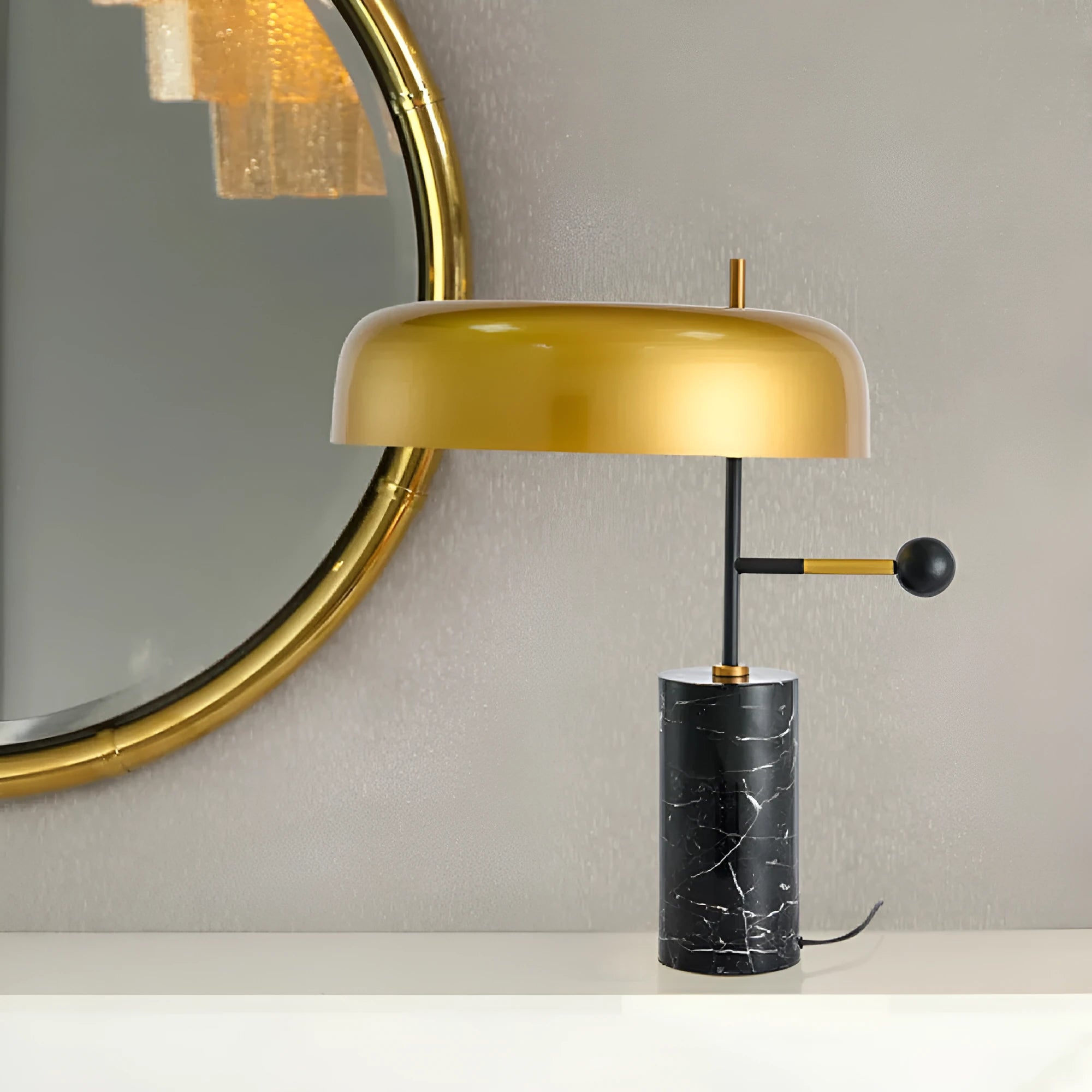 European-style decorative table lamp with warm white light on wooden surface