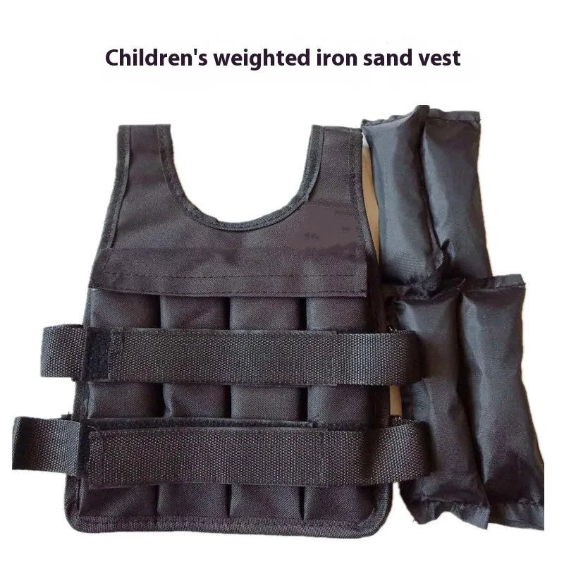 Children's adjustable sand vest with weight pockets showing height ranges 80-160cm and load options 2kg to 8kg