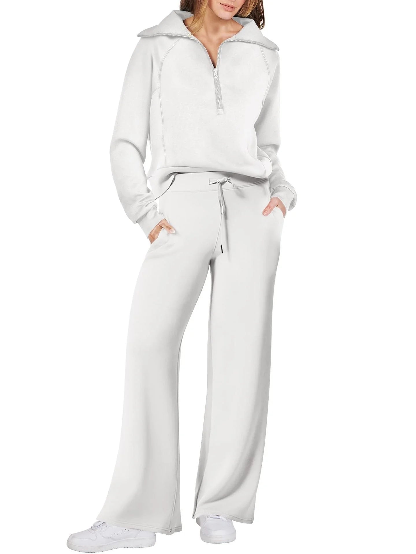 Women's leisure sports suit with long-sleeve zipper sweatshirt and wide leg pants in various colours