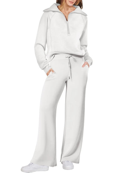 Women's leisure sports suit with long-sleeve zipper sweatshirt and wide leg pants in various colours