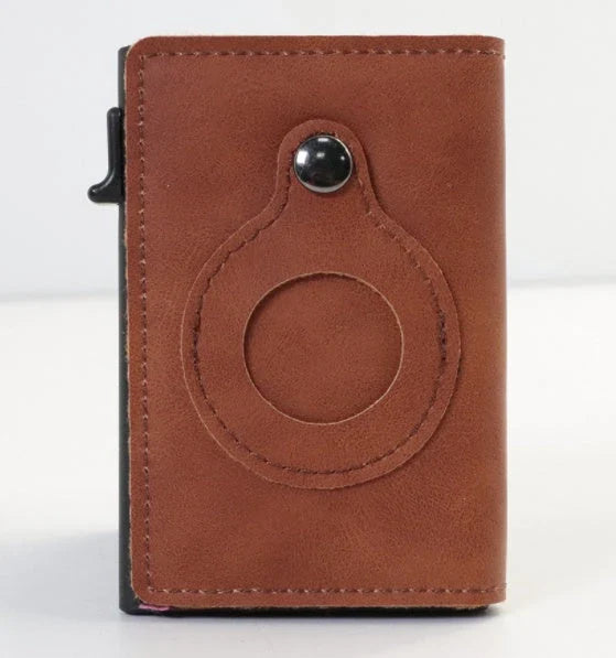 Slim leather wallet with built-in AirTag pocket for men, featuring RFID protection and a minimalist design