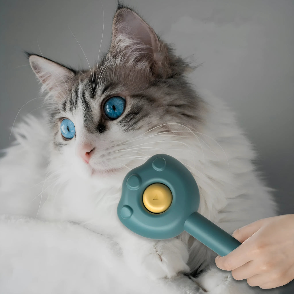Self-cleaning pet grooming comb with needle brush in blue colour option showing four grooming surfaces