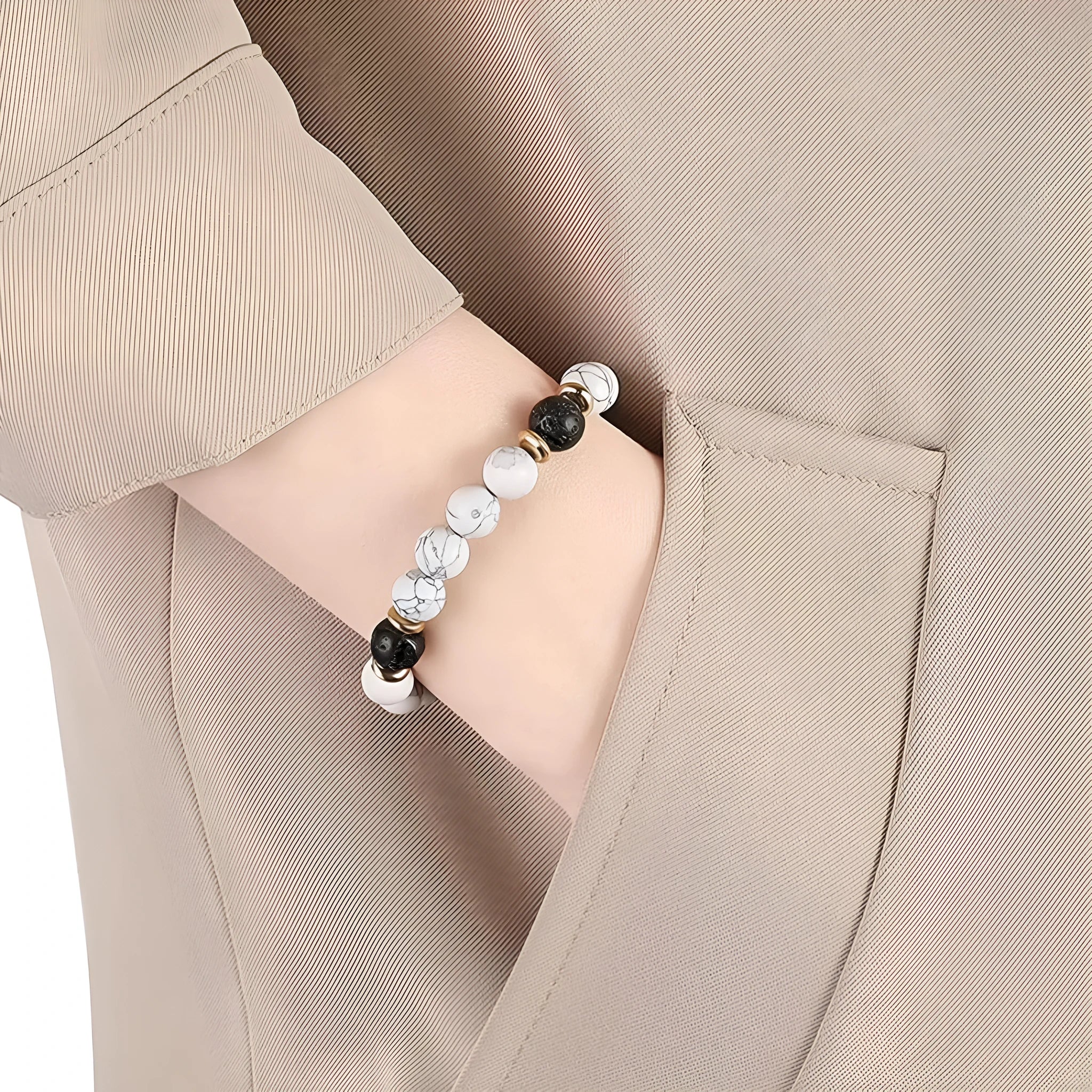 Handmade alloy bracelet with natural stone beads in volcanic white, tiger eye, and agate styles