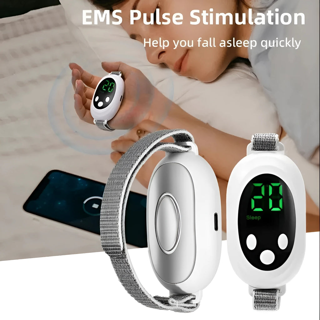 White handheld sleep aid instrument with remote control, sleep bracelet, and USB charging cable on a neutral background.