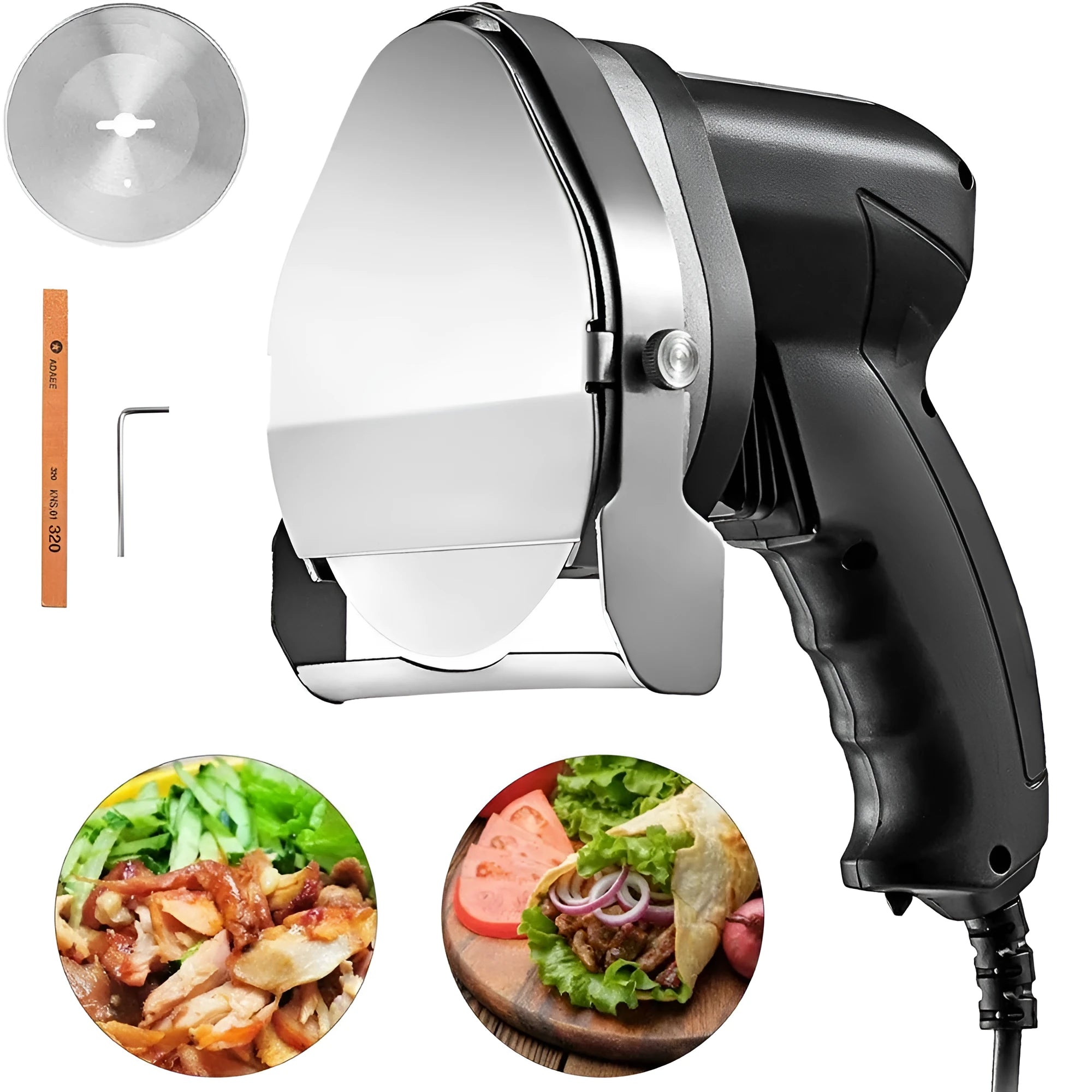 Black electric meat cleaver blade for a turkey barbecue machine with adjustable sizing.