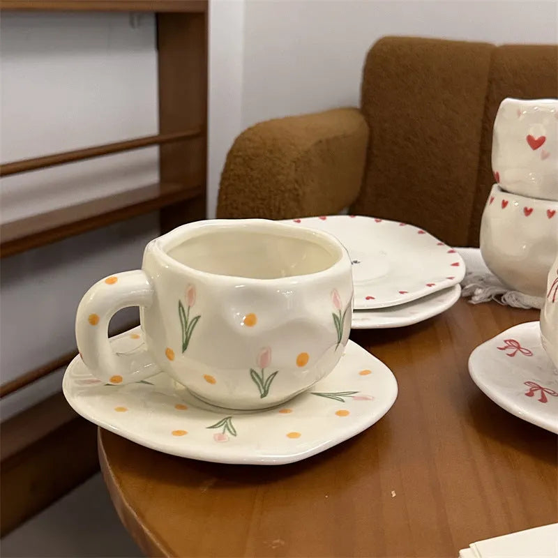 Korean ins style hand-painted ceramic cup and saucer set with red edge love cup floral pattern on saucer