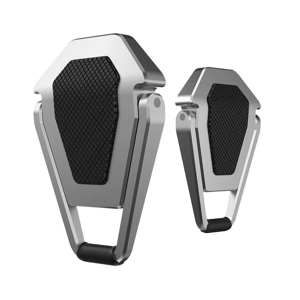 Foldable aluminium computer bracket shown in silver next to 3M adhesive strips for mounting
