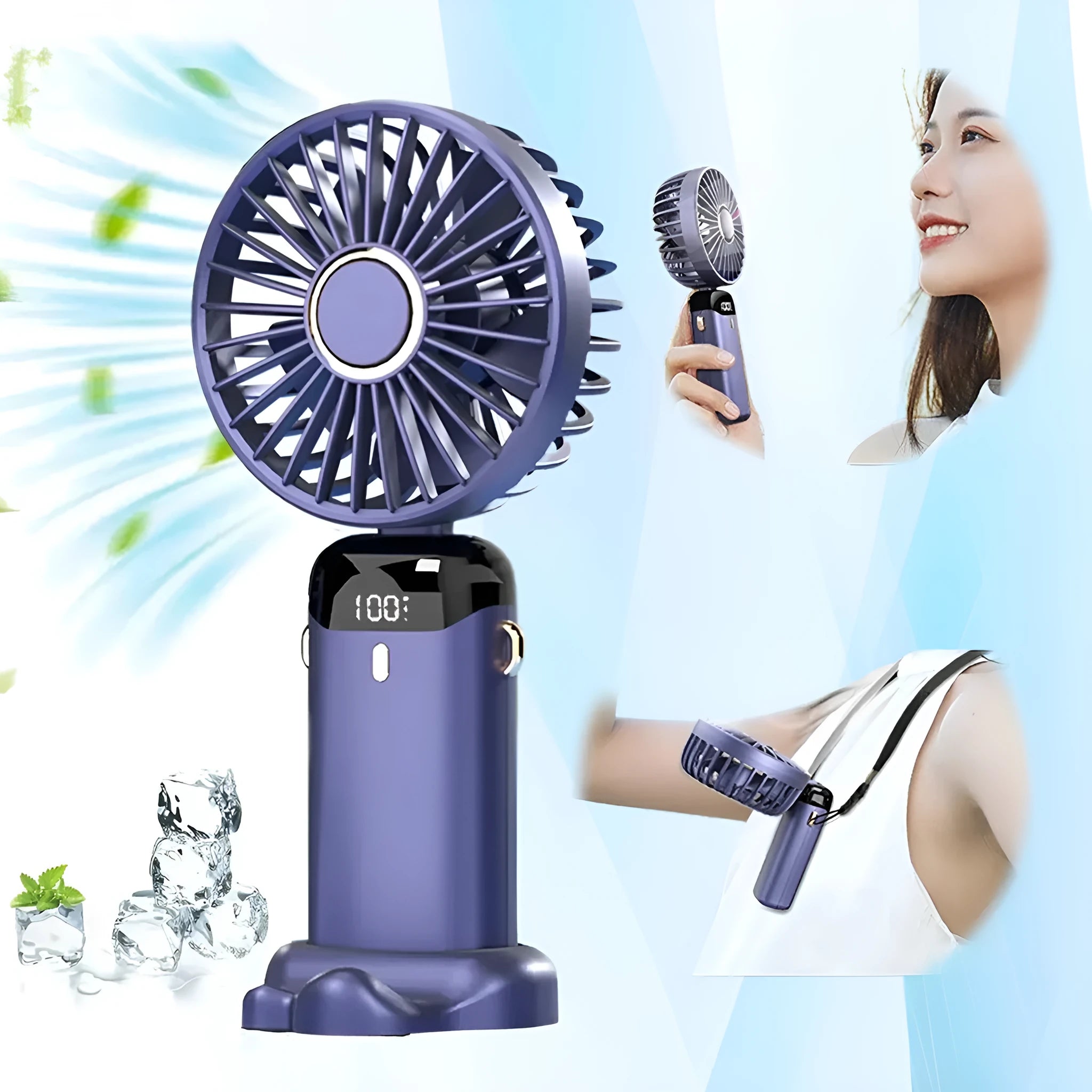 Blue portable electric fan folded at 190-degree angle showing handheld grip, desk base, and neck lanyard attachment