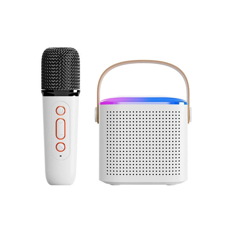 Portable karaoke machine with dual wireless microphones and RGB lighting