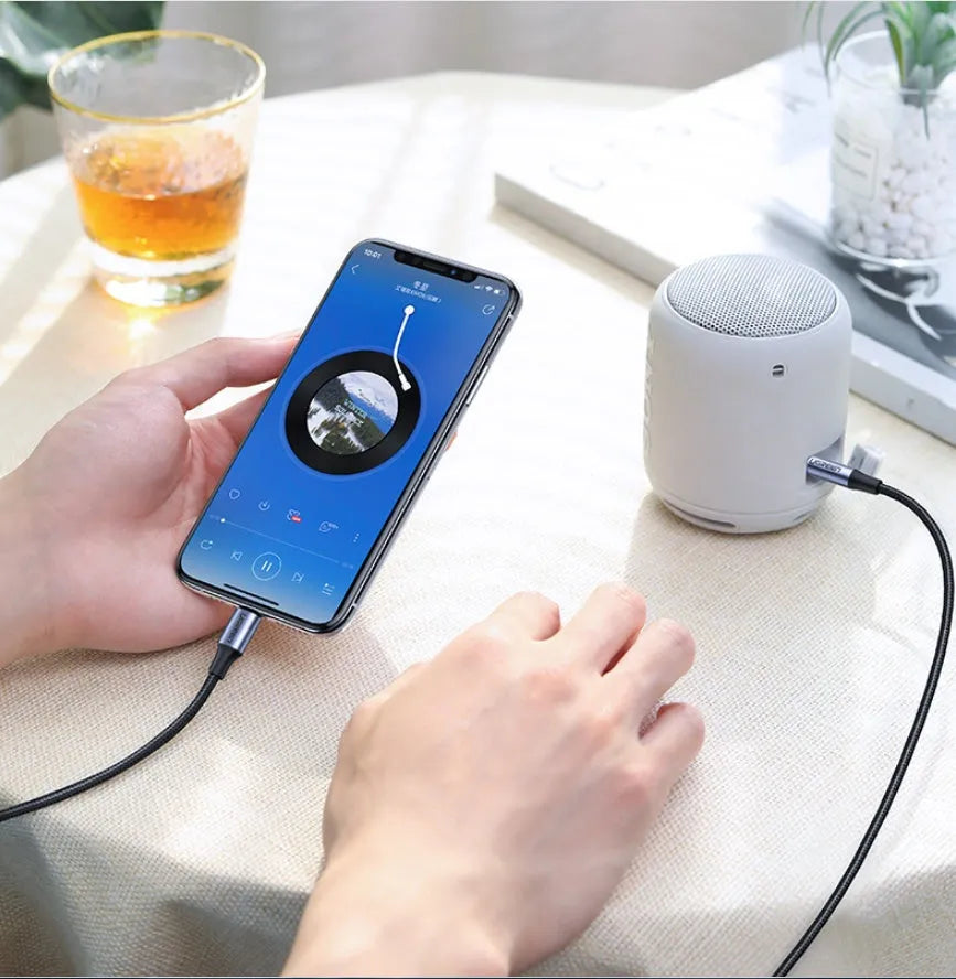 Black Apple Lightning to 3.5mm audio cable for car adapter with shiny silk braid thread