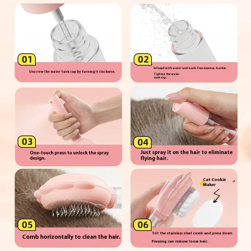 Self-cleaning pet grooming brush comb with spray function in green, white, and pink for cats and dogs