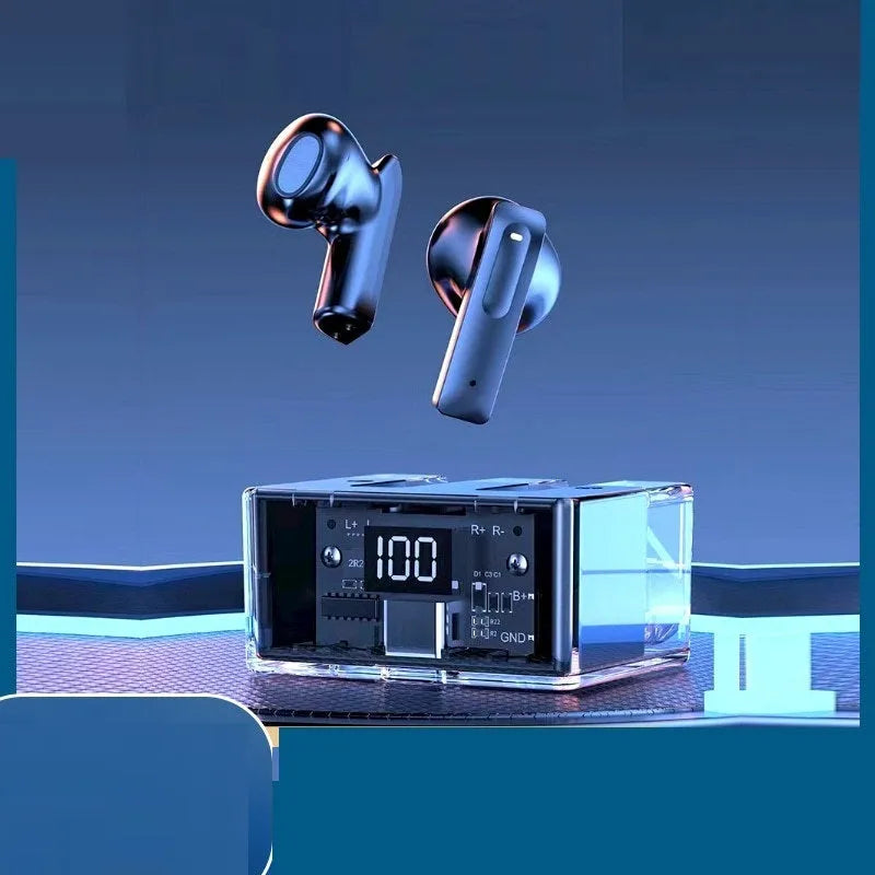 Transparent space capsule case true wireless Bluetooth earphones showing digital display and multiple colour options