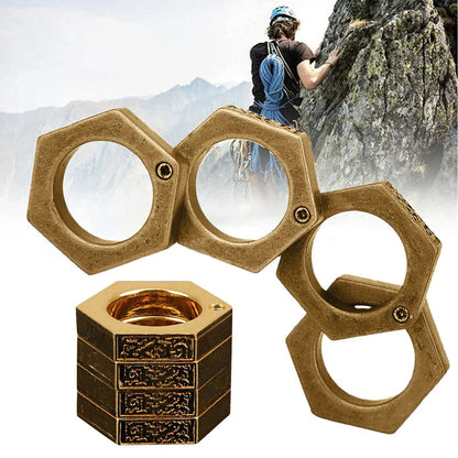 Rugged Self-Defense Ring made of durable alloy with an antique finish, featuring a unique hexagonal design and four interconnected rings for versatile functionality.