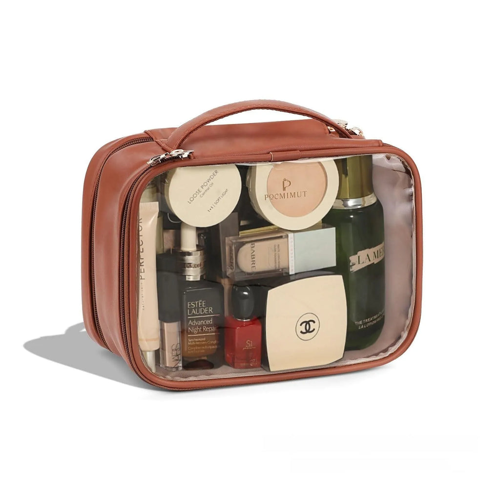 Clear PVC cosmetic bag with a zip open, showing a polyester lining and separate compartments.