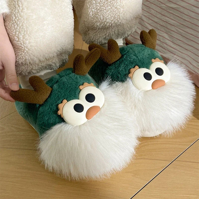 Cozy plush Christmas deer-themed slippers with soft material and durable sole for comfortable indoor wear