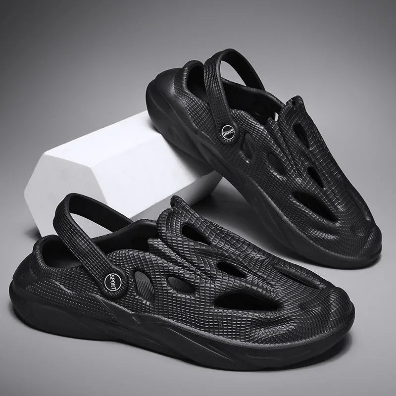 Men's hollow cut-out EVA slip-on shoes in sand colour, side view, with round toe and flat sole