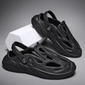 Men's hollow cut-out EVA slip-on shoes in sand colour, side view, with round toe and flat sole