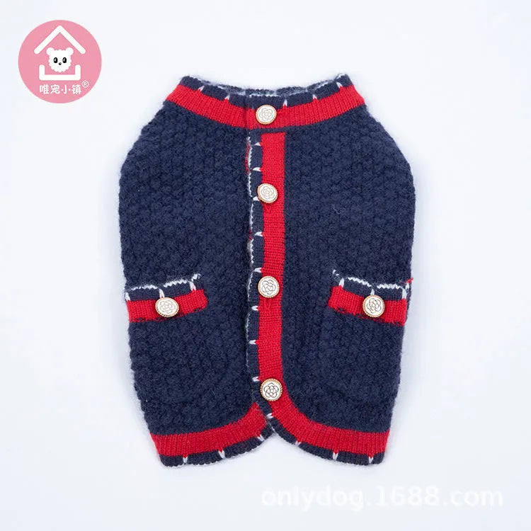 Blue wool pet cardigan with princess collar design shown on a dog model