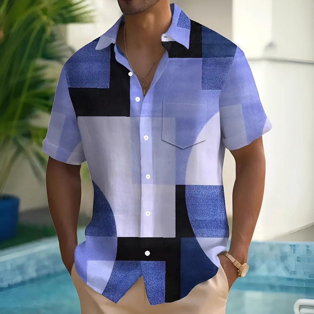 Men's retro geometric contrast colour square 3D printed short sleeve cardigan shirt
