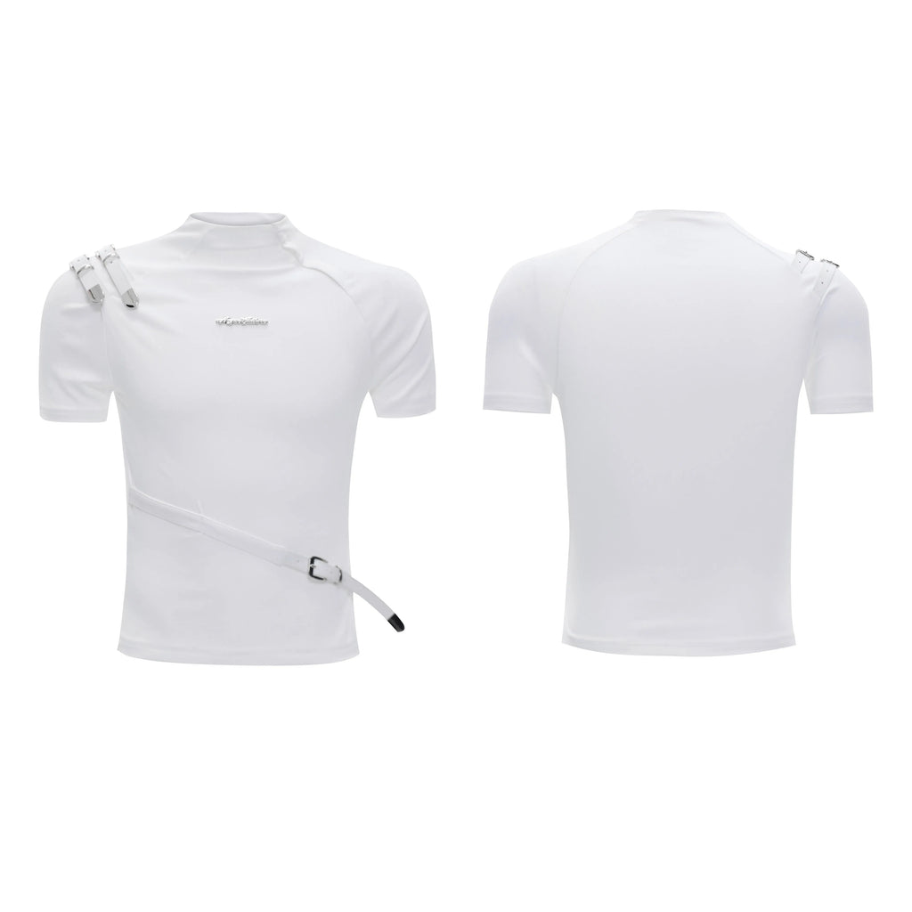 Men's slim fit cotton T-shirt with metal belt detail and small stand-up collar in black