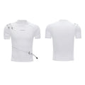 Men's slim fit cotton T-shirt with metal belt detail and small stand-up collar in black