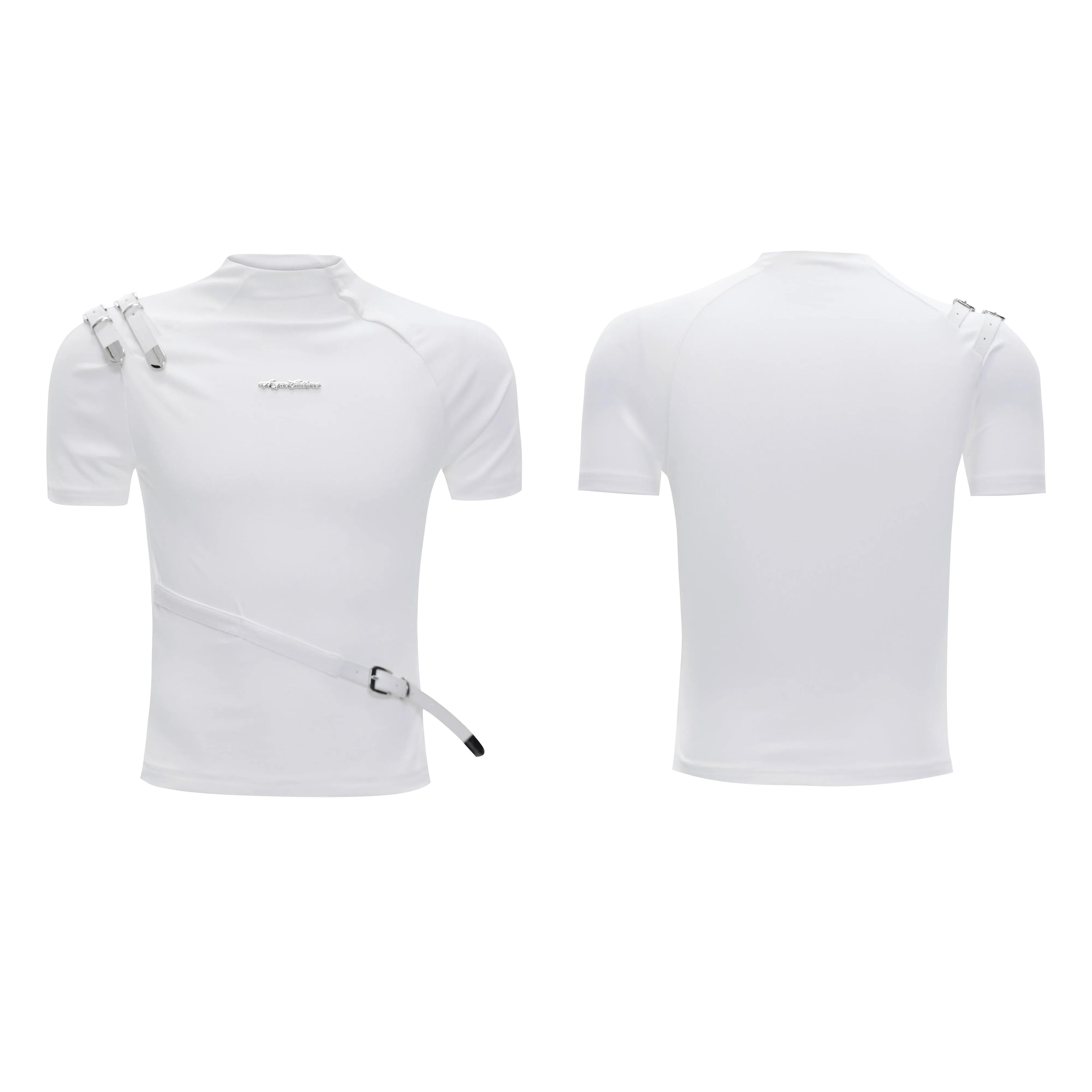 Men's slim fit cotton T-shirt with metal belt detail and small stand-up collar in black