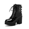 Women's black ankle boots with chunky heel and lace-up front