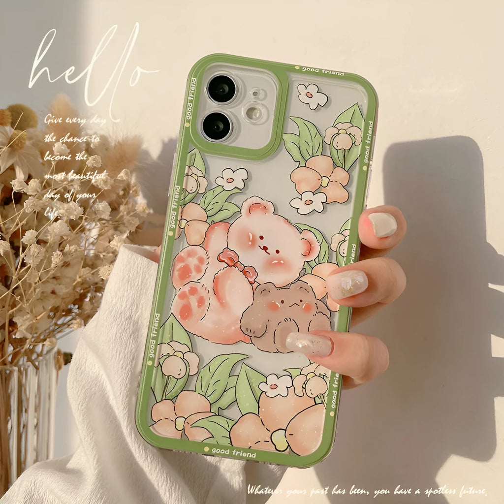 Transparent TPU phone case with hand-painted bear and floral design for iPhone 13