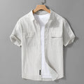 Men's short sleeve casual cotton shirt in white, loose fit, summer style