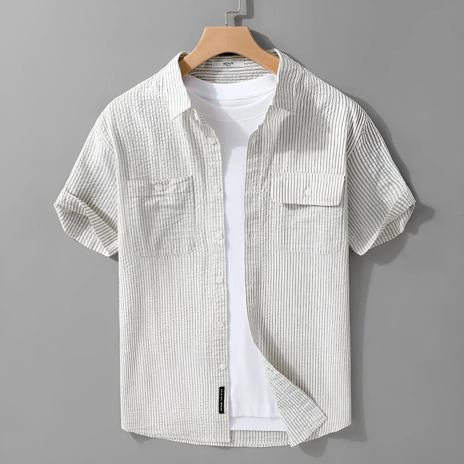Men's short sleeve casual cotton shirt in white, loose fit, summer style