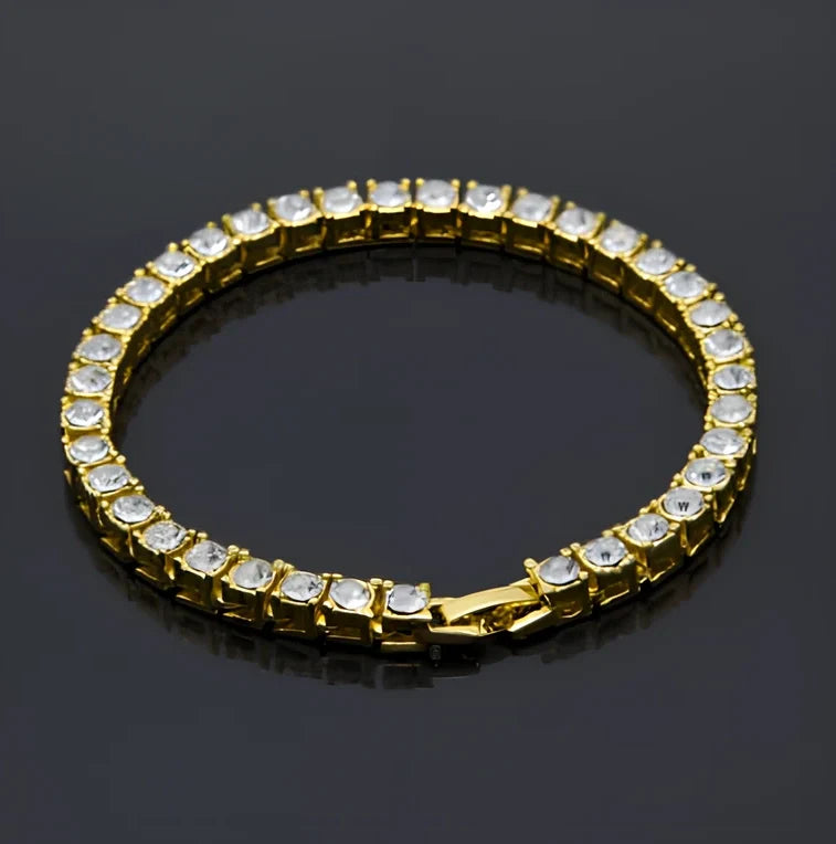 Gold iced hip hop bracelet with AAA rhinestone geometric chain, 5mm width 8 inch length on wrist