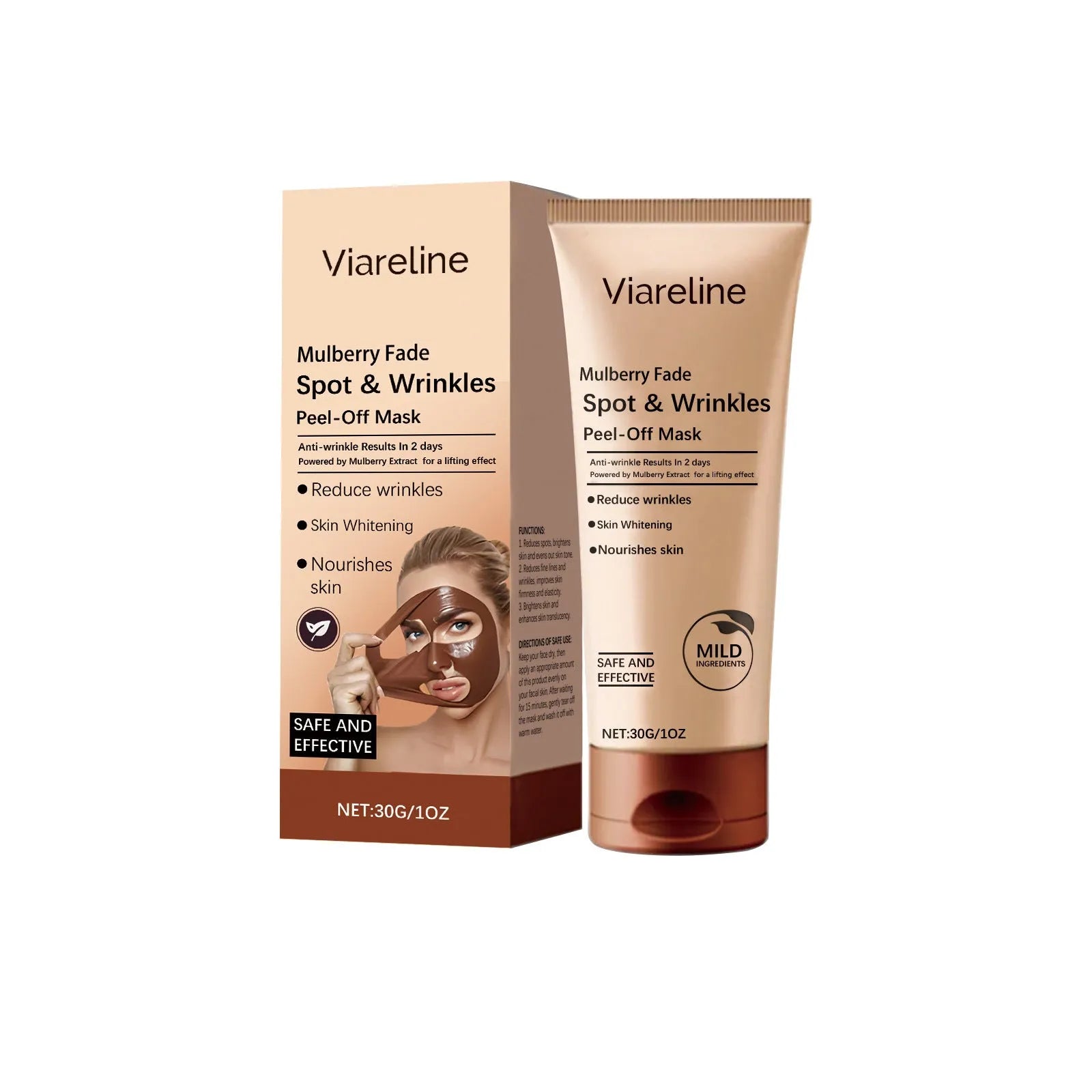 Single sheet facial mask in open packaging for anti-wrinkle and brightening care on delicate skin.