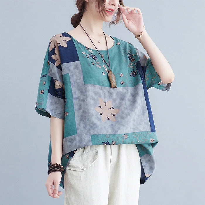 Ethnic style loose round neck print short sleeve t-shirt in ramie fabric