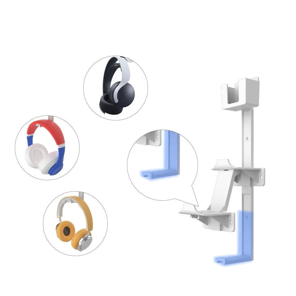 White and black wall-mounted plastic storage hook for gaming remote controls and headsets.