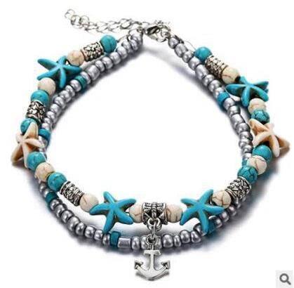 Green and blue star fish anklet for women, beach foot jewelry