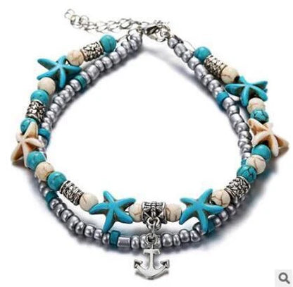 Green and blue star fish anklet for women, beach foot jewelry