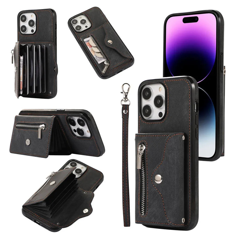 Blue phone case protective sleeve crossbody with magnetic closure, bracket stand, and card slot for iPhone models