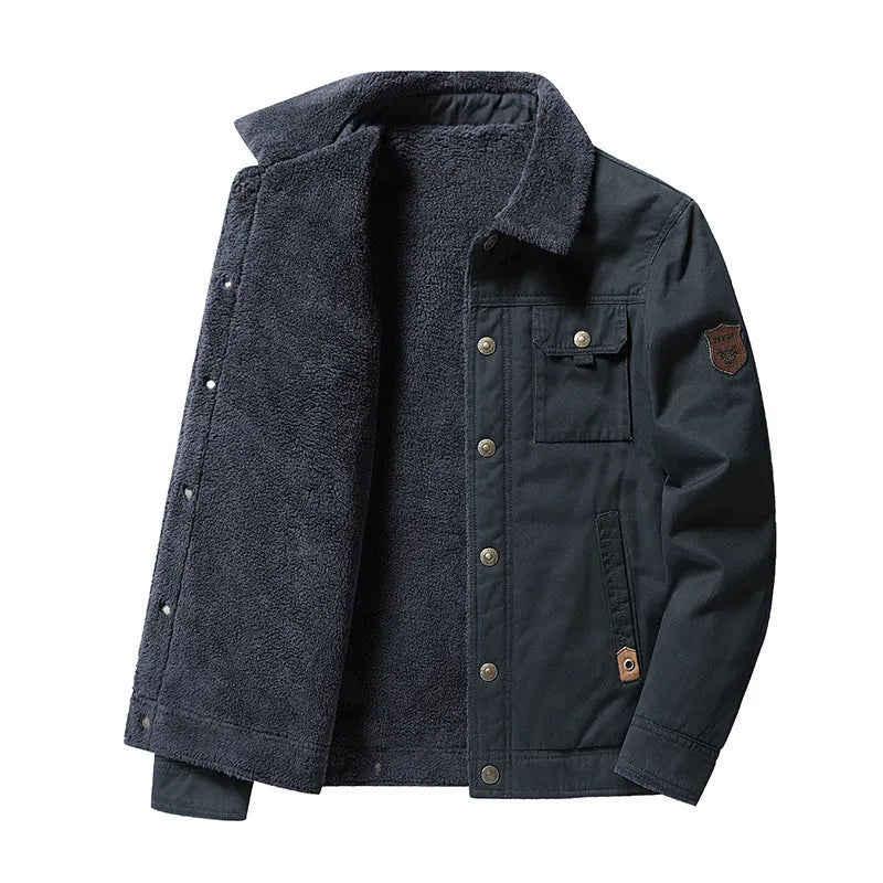 Men's fleece-lined cotton polo collar jacket in army green with regular fit