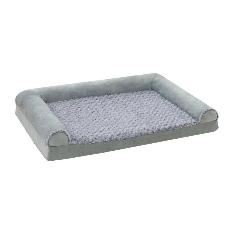 A light grey soft fabric dog kennel for large dogs, shown with size dimensions labelled.