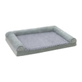 A light grey soft fabric dog kennel for large dogs, shown with size dimensions labelled.