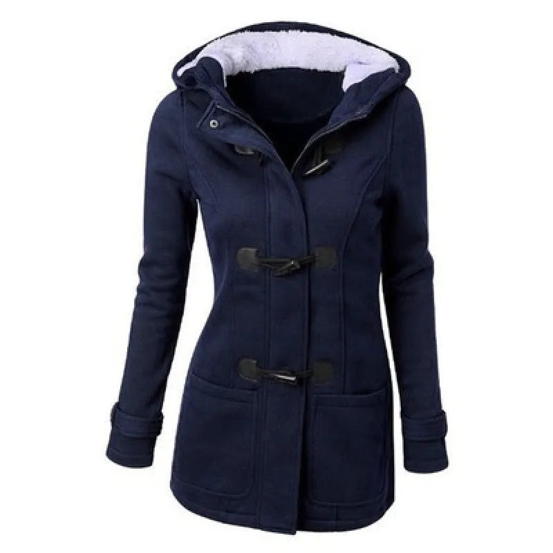 Hooded cotton-padded jacket for women in solid colour, slim fit, polyester fabric