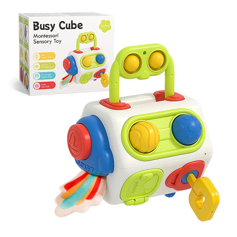9-in-1 busy cube plastic sensory toy for toddlers aged 1-3 years, eight-sided design with multiple fidget activities