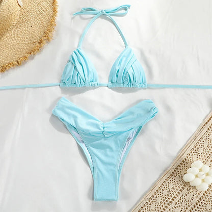 Women's solid colour pleated bikini swimsuit with high elasticity nylon fabric and removable padding