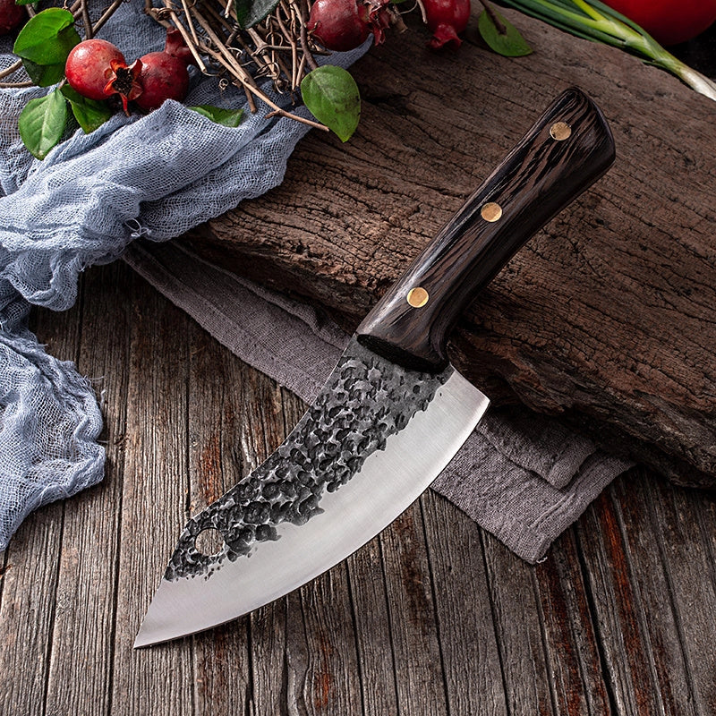 MCD108 small vegetable knife with forged leather sheath, 5Cr15 martensitic steel blade, and solid wood handle