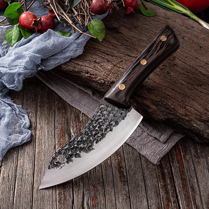 MCD108 small vegetable knife with forged leather sheath, 5Cr15 martensitic steel blade, and solid wood handle